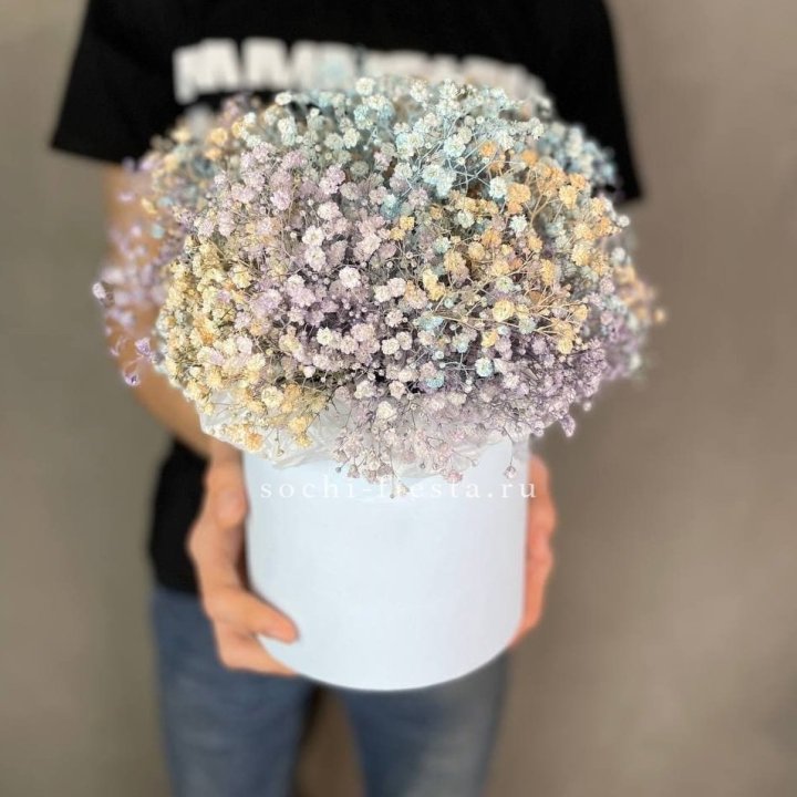 9 Радужных гипсофил в шляпной коробке в Белгороде