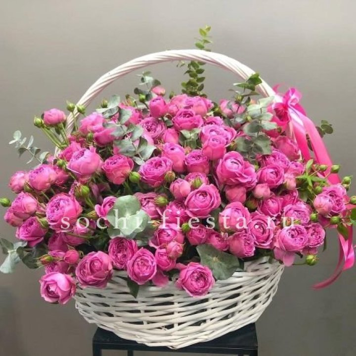 65 пионовидных кустовых роз в корзине в Белгороде